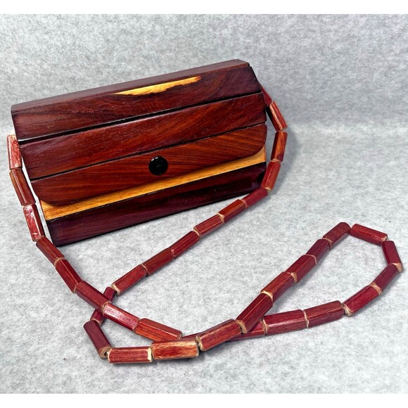 Vintage 70s Wooden Slat Shoulder Bag Small Size Two Tone Lined Snap Button Boho - Picture 2 of 15